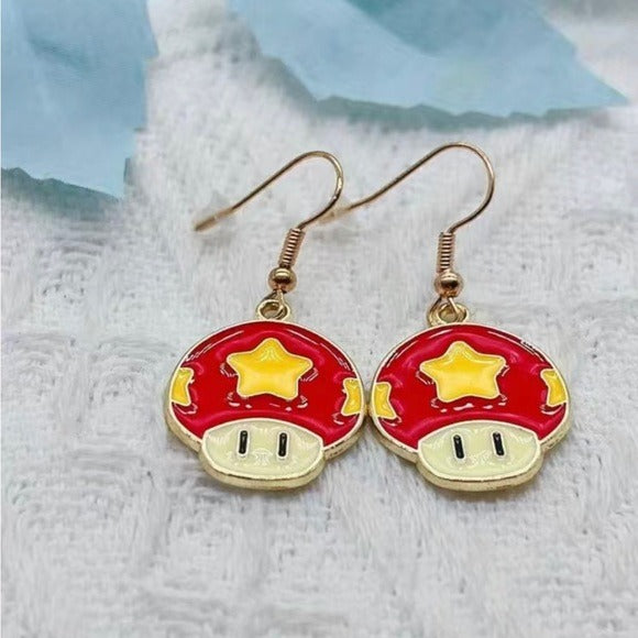 043 Red Mushroom & Yellow Pentagram Pattern Earrings Jewelry