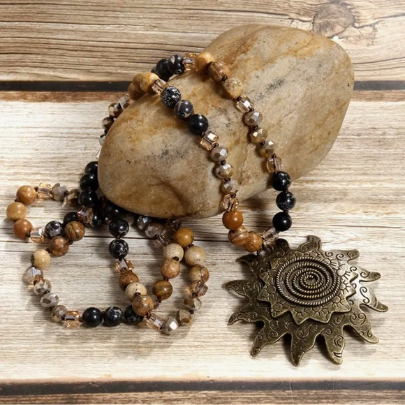 8mm Natural Stone Glass Knotting Tribal Antique Cyan Sun Moon Bohemian Necklace