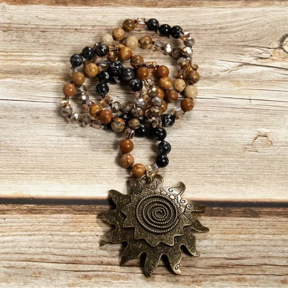8mm Natural Stone Glass Knotting Tribal Antique Cyan Sun Moon Bohemian Necklace