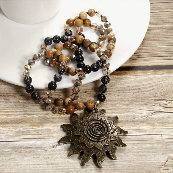 8mm Natural Stone Glass Knotting Tribal Antique Cyan Sun Moon Bohemian Necklace