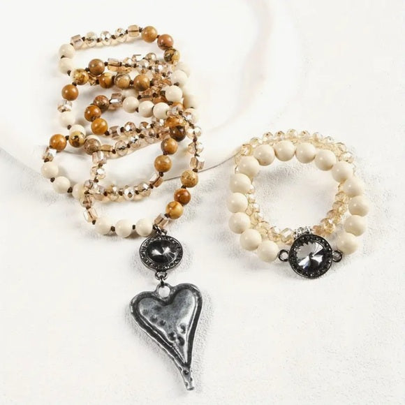 8mm Natural Stone Glass Knotted Heart Pendant Necklace & Stackable Bracelet