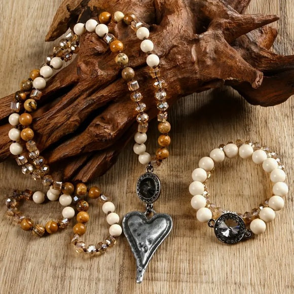 8mm Natural Stone Glass Knotted Heart Pendant Necklace & Stackable Bracelet