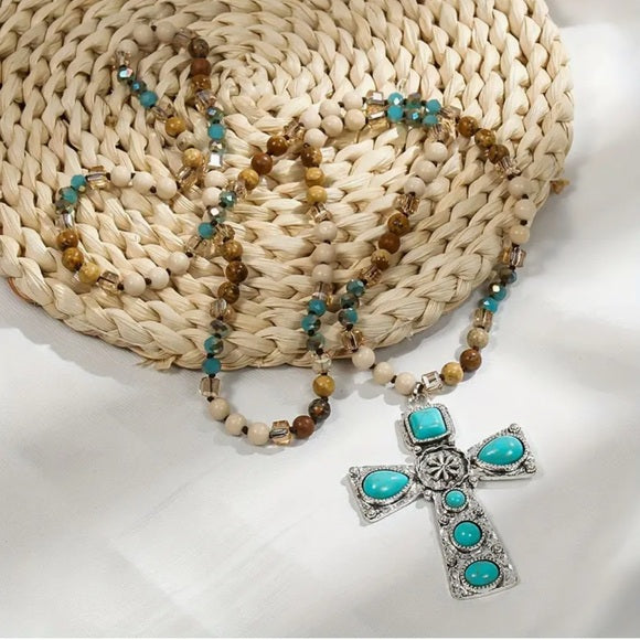6mm Multicolor Natural Stone Glass Knotted Handcrafted Bohemian Cross Necklace