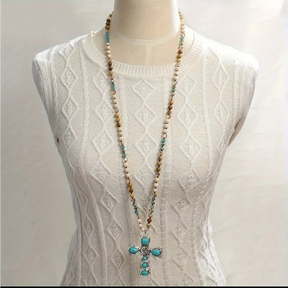 6mm Multicolor Natural Stone Glass Knotted Handcrafted Bohemian Cross Necklace