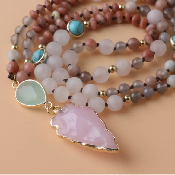 Rose Quartz Amazonite Beaded Arrowhead Long Sweater Necklace
