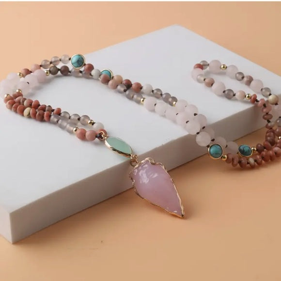 Rose Quartz Amazonite Beaded Arrowhead Long Sweater Necklace