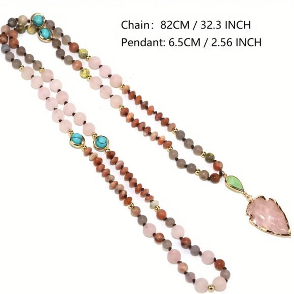 Rose Quartz Amazonite Beaded Arrowhead Long Sweater Necklace