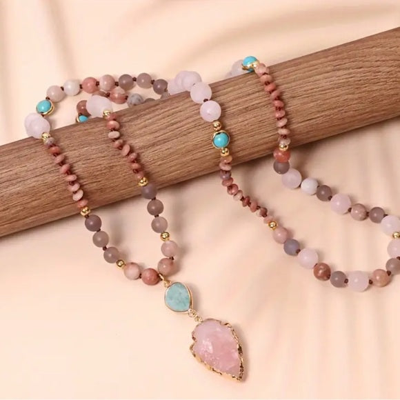 Rose Quartz Amazonite Beaded Arrowhead Long Sweater Necklace