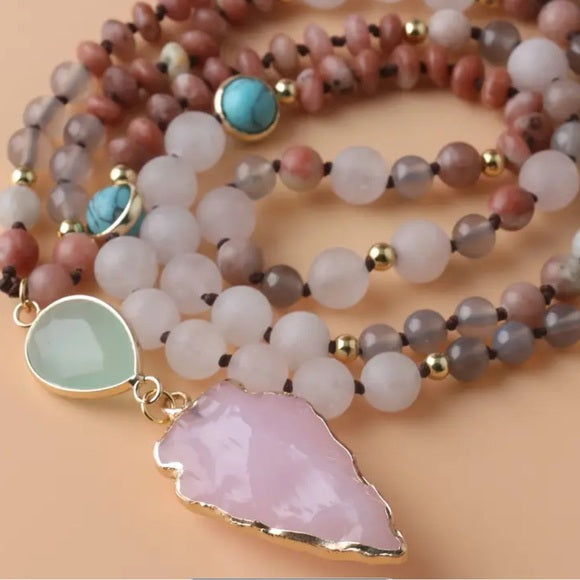 Rose Quartz Amazonite Beaded Arrowhead Long Sweater Necklace