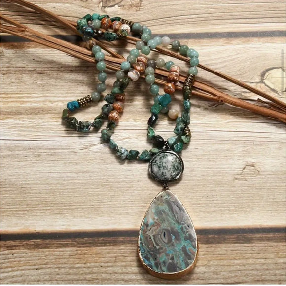 Natural Stone Agate Bohemian Vintage Tribal Teardrop Long Sweater Necklace