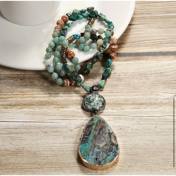 Natural Stone Agate Bohemian Vintage Tribal Teardrop Long Sweater Necklace