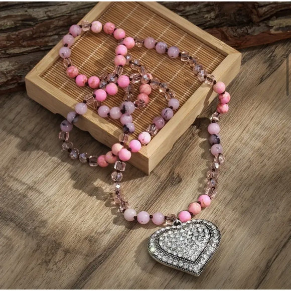8 mm Natural Stone Boho-Chic Long Heart Sweater Necklace