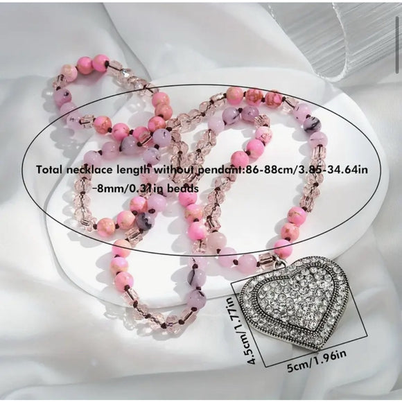 8 mm Natural Stone Boho-Chic Long Heart Sweater Necklace