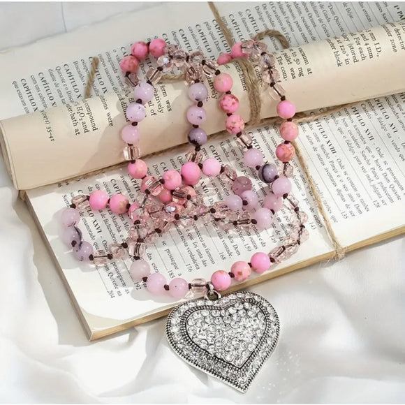 8 mm Natural Stone Boho-Chic Long Heart Sweater Necklace