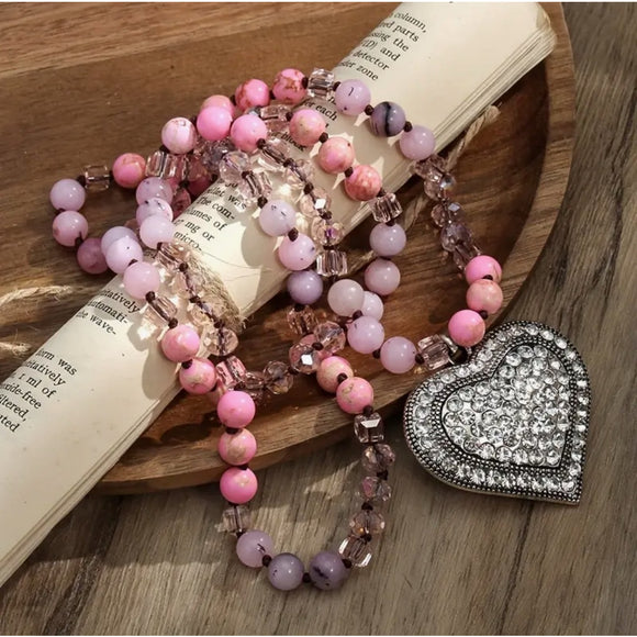 8 mm Natural Stone Boho-Chic Long Heart Sweater Necklace