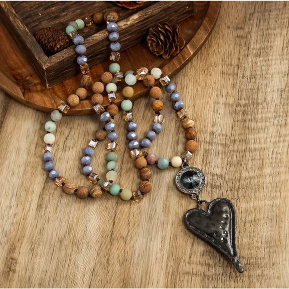 Natural Stone Beaded Long Sweater Necklace with Heart Pendant