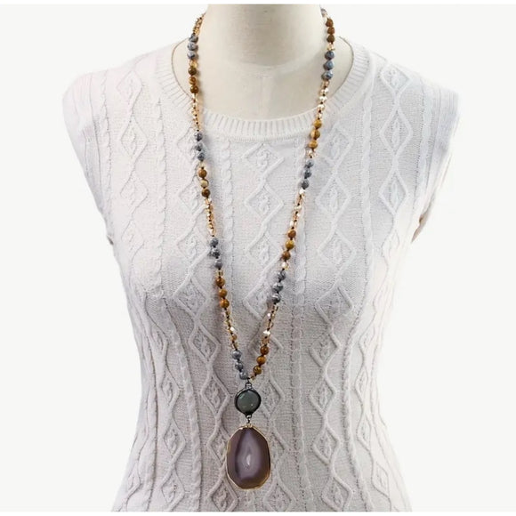 8mm Beaded Natural Stone Sparkling Gray Agate Long Sweater Necklace NWT