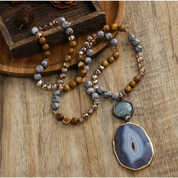 8mm Beaded Natural Stone Sparkling Gray Agate Long Sweater Necklace NWT