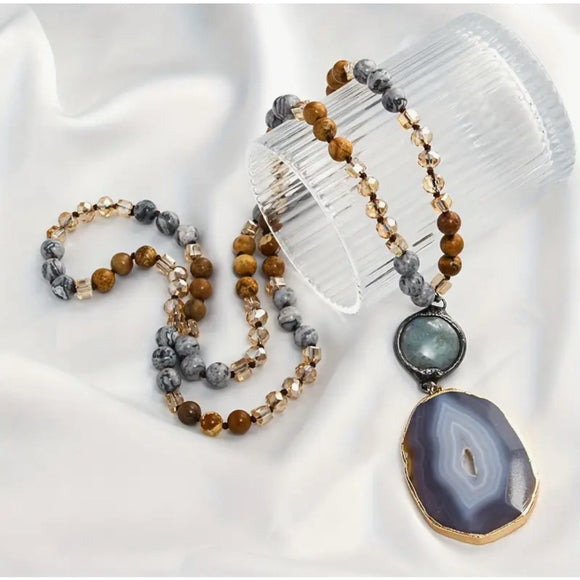 8mm Beaded Natural Stone Sparkling Gray Agate Long Sweater Necklace NWT