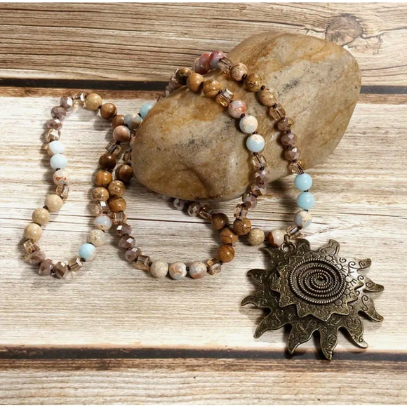 8mm Natural Stone & Glass Knotting Long Sweater Necklace
