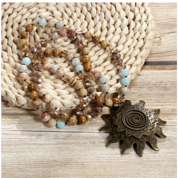 8mm Natural Stone & Glass Knotting Long Sweater Necklace