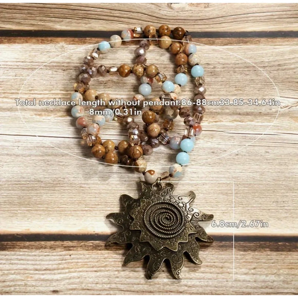 8mm Natural Stone & Glass Knotting Long Sweater Necklace