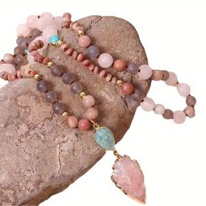 Rose Quartz Amazonite Beaded Arrowhead Long Sweater Necklace