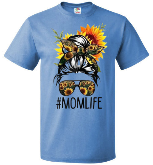 Mom Life Sunflower Fall Messy Hair Bun Graphic Tee Shirt Top