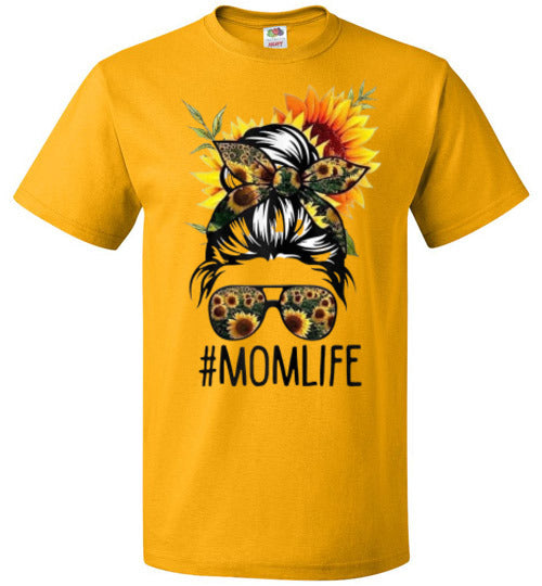 Mom Life Sunflower Fall Messy Hair Bun Graphic Tee Shirt Top