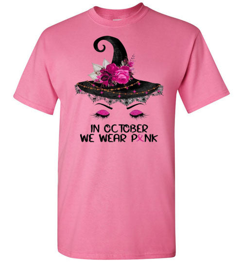 In October We Wear Pink Breast Cancer Awareness Witch Halloween Tee Shirt Top T-Shirt