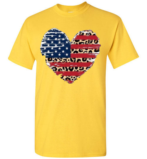 Leopard Heart American Flag Tee Shirt Graphic Top