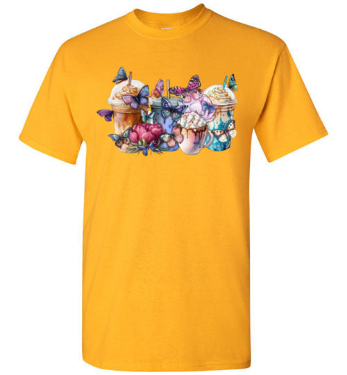 Whimsical Butterfly and Coffee Cups Graphic Tee Shirt Top T-Shirt