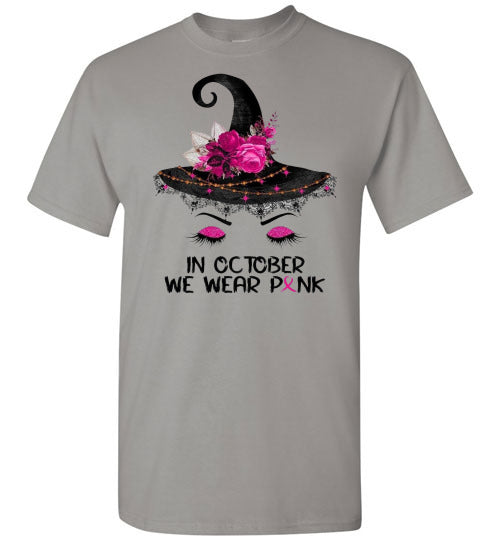 In October We Wear Pink Breast Cancer Awareness Witch Halloween Tee Shirt Top T-Shirt