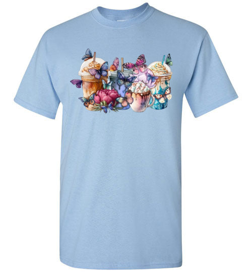 Whimsical Butterfly and Coffee Cups Graphic Tee Shirt Top T-Shirt