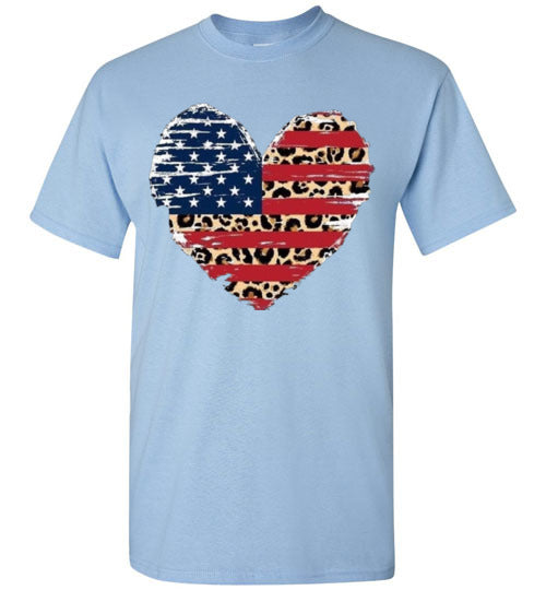 Leopard Heart American Flag Tee Shirt Graphic Top