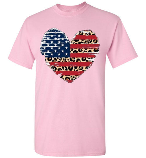 Leopard Heart American Flag Tee Shirt Graphic Top
