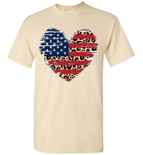 Leopard Heart American Flag Tee Shirt Graphic Top