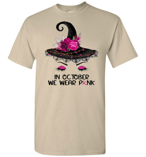 In October We Wear Pink Breast Cancer Awareness Witch Halloween Tee Shirt Top T-Shirt