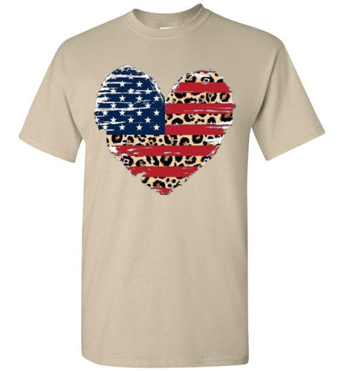 Leopard Heart American Flag Tee Shirt Graphic Top