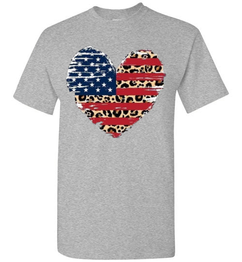 Leopard Heart American Flag Tee Shirt Graphic Top