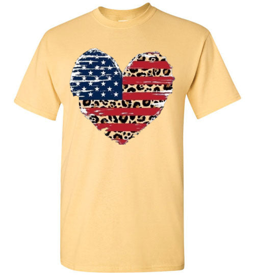 Leopard Heart American Flag Tee Shirt Graphic Top