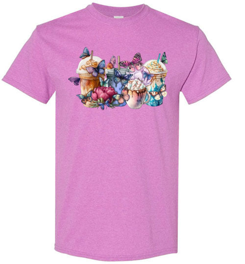 Whimsical Butterfly and Coffee Cups Graphic Tee Shirt Top T-Shirt