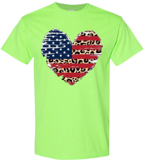 Leopard Heart American Flag Tee Shirt Graphic Top