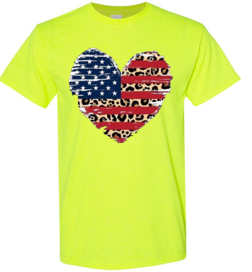 Leopard Heart American Flag Tee Shirt Graphic Top