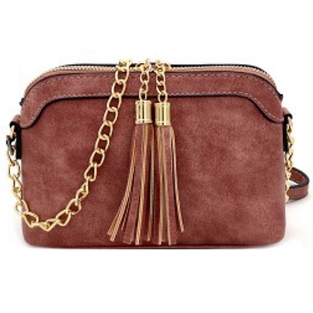 Mauve Double Tassel Accent Chain Cross Body Shoulder Bag
