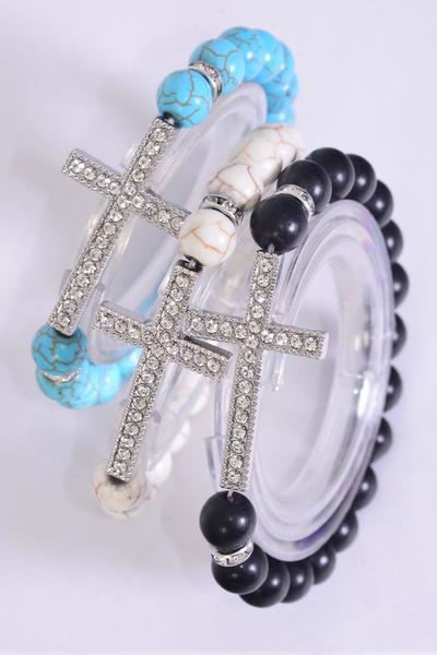 Sideways Cross Stretch Semiprecious Stone Bracelets 26111