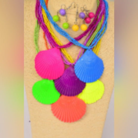 Caribbean Neon Seashell Beach Nautical Necklace & Matching Earring Set