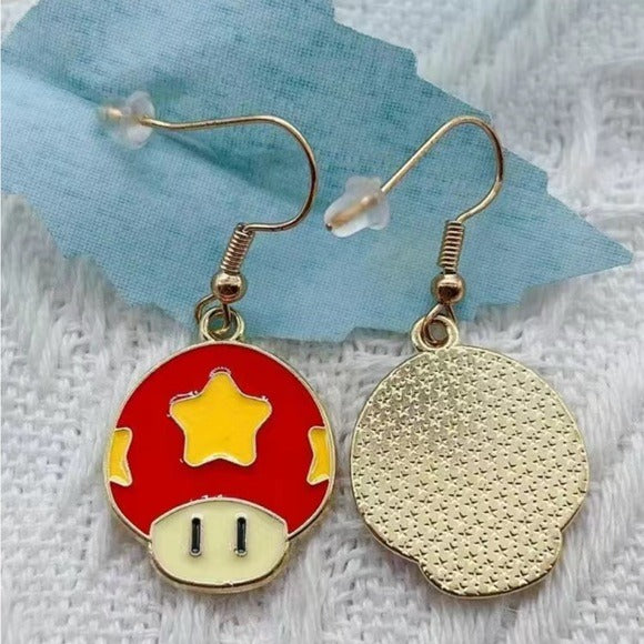 043 Red Mushroom & Yellow Pentagram Pattern Earrings Jewelry