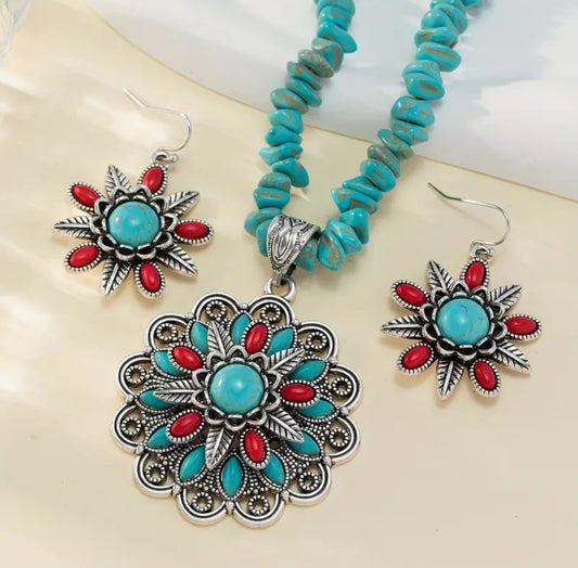 Bohemian Western Flower Stone Turquoise Necklace Earrings
