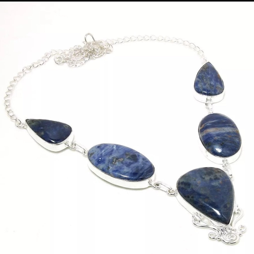 Sodalite Blue Gemstone Crystal 925 Sterling Silver Necklace